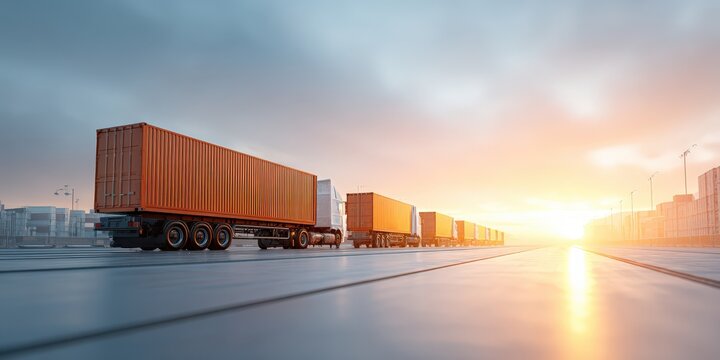cargo management delivery optimization concept. Trucks lined up at a shipping yard during sunset.