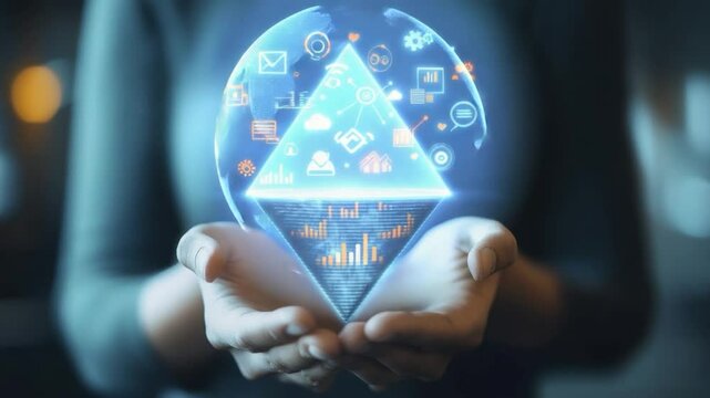 Hands holding a holographic funnel visualization of data analytics and digital information.