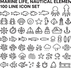 A collection of marine life and nautical elements line icons set