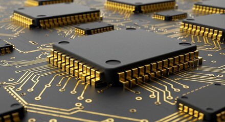 Golden Circuitry: Close-Up of Integrated Circuits on a Dark Gray Board
