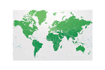 World map with countries displayed in different green tones and labeled territories, isolated on a transparent background