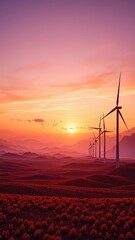 Fototapeta premium Wind turbine farm on rolling hills at sunset creating a tranquil energy landscape with renewable resources and an orange pink sky