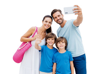 happy family with their children taking a selfie on white