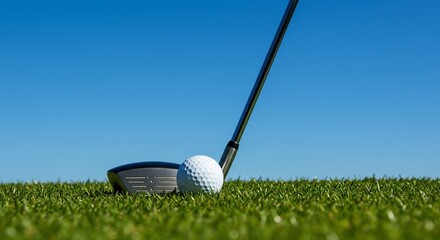 Golf ball and driver on green grass against a clear blue sky