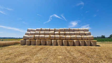 Large stack of round hay bales on a dry summer field under blue sky