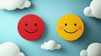 Two smiling face emojis on a blue background with white clouds