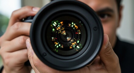 Photographer's eye view through lens reflecting city lights, focused on the art of capturing moments