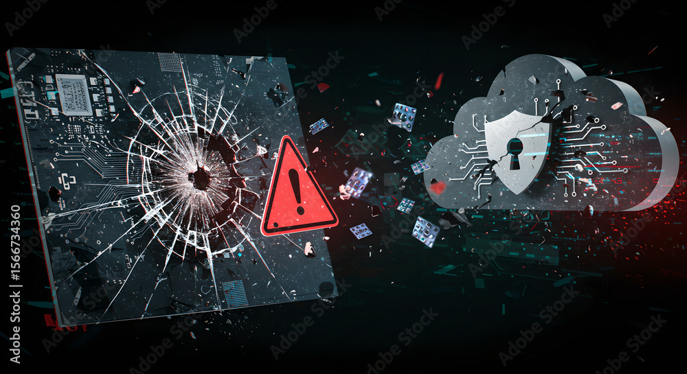 Poster broken circuit board and cloud data with warning sign. cybersecurity vulnerability and system failur