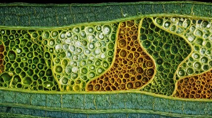Microscopic plant cell structure intricate green and gold cellular pattern