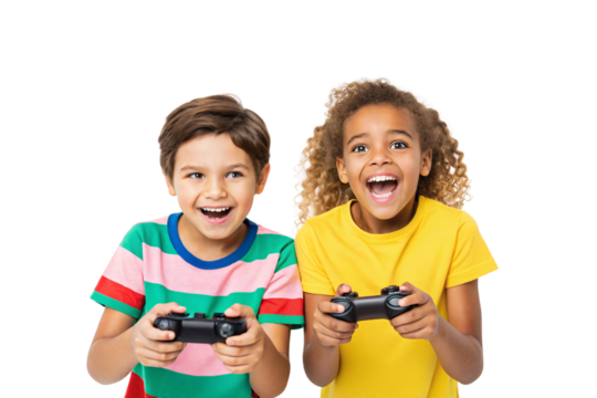 Two cheerful kids with gaming controllers wearing colorful striped shirts and bright expressions, isolated on a transparent background