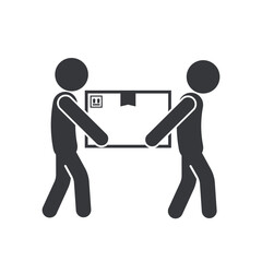 Isolated pictogram icon showing two people lifting a cardboard box together, symbolizing heavy package warning, fragile content, and careful handling.