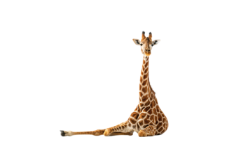 Adult giraffe sitting in resting position with neck upright and distinctive spotted markings, isolated on a transparent background