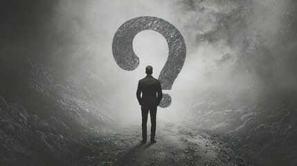 A man standing in front of a large question mark in a foggy, misty landscape.