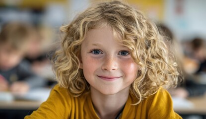 Fototapeta premium Portrait of a smiling child with curly blond hair, wearing a mustard yellow shirt, in a classroom setting.