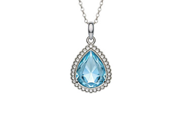 Blue topaz teardrop pendant necklace with diamond halo in white gold setting, isolated on a transparent background