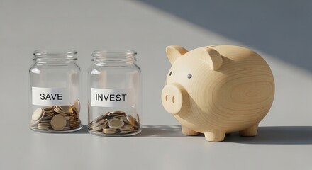Two jars labeled save and invest sit beside a wooden piggy bank