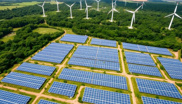 Aerial view of a large solar farm with wind turbines in the background, showcasing sustainable energy production.