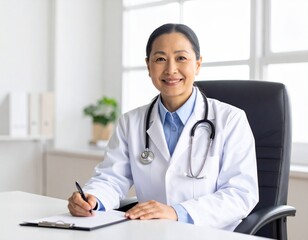 Friendly Female Doctor Smiling in Examination Room with Chart  診察室で笑顔の親しみやすい女性医師とカルテ