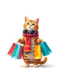 Happy Cat with Stylish Sunglasses Carrying Colorful Paper Bags, Summer Sale Advertising Illustration, Promo Artwor