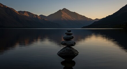 Serene Lake Scene with Stacked Stones and Mountain Silhouette at Sunset