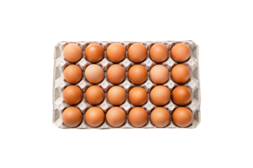 Two dozen brown eggs arranged in cardboard carton, natural chicken eggs display, isolated on a transparent background