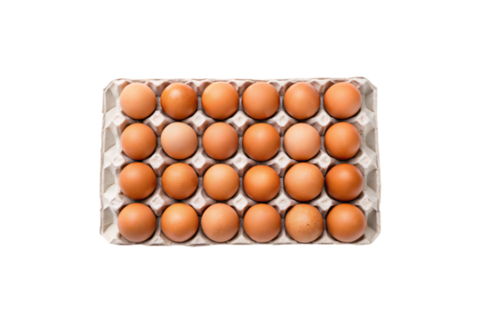 Two dozen brown eggs arranged in cardboard carton, natural chicken eggs display, isolated on a transparent background
