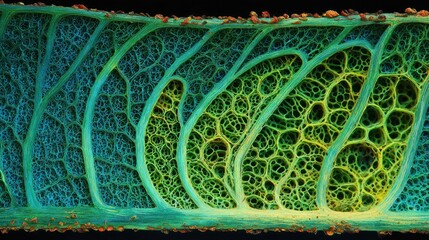 Intricate leaf vein structure microscopic view green teal botanical texture