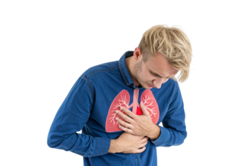 Blonde man in blue shirt holding chest with pink lung anatomy illustration visible, isolated on a transparent background