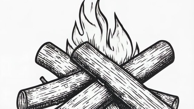Illustration of a campfire made from logs with bright flames in a black and white drawing style perfect for camping or nature themes.
