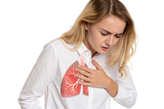 Blonde woman in white shirt holding chest with pink lung anatomy illustration, breathing difficulty, isolated on a transparent background