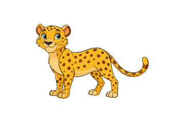 Cute cartoon cheetah with golden yellow fur and brown spots standing in friendly pose, isolated on a transparent background