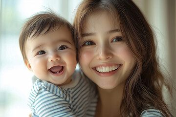 Happy Mother and Baby Smiling Together in Natural Light. Generative AI