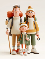 3D model of family of three in a hiking outfit, backpacks, hats, and hiking pole, dressed in sweaters, isolated on beige background. prepared for an outdoor adventure.