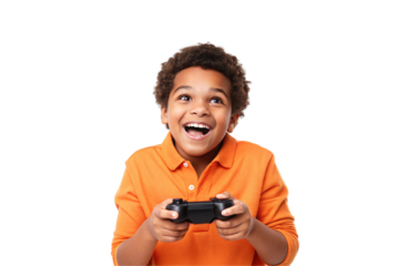 Happy young boy in orange polo shirt holding gaming controller, isolated on a transparent background