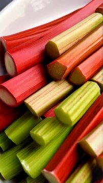 Close-up arrangement of fresh rhubarb stalks showcasing vibrant green, pink, and red colors in natural light with triangular cut ends