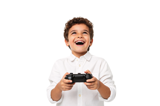 Joyful boy in white dress shirt laughing while holding game controller, isolated on a transparent background