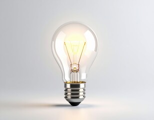 A clear, lit lightbulb on a white background, glowing