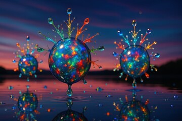 Fototapeta premium Celestial Spark Opal Orbs Illuminating Rainbow Lake Surface at Dusk