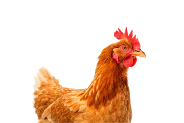 Brown hen chicken with red comb wattles sitting profile view farm poultry domestic bird feathers, isolated on a transparent background