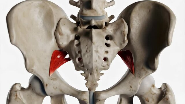 3D rendering of the human pelvic girdle showing the iliacus muscles attached to the inner surface of the ilium bones, part of the skeletal system