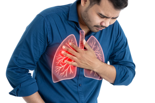 Man in blue shirt with chest pain, illuminated lung anatomy overlay, hand pressed against chest in discomfort, isolated on a transparent background