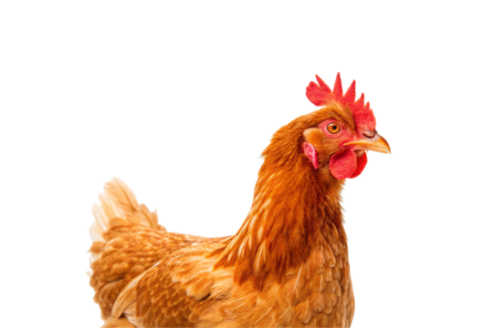 Brown hen chicken with red comb wattles sitting profile view farm poultry domestic bird feathers, isolated on a transparent background