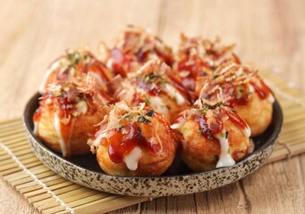 Takoyaki is a typical Japanese snack in the form of small balls made from wheat flour dough and filled with pieces of octopus.