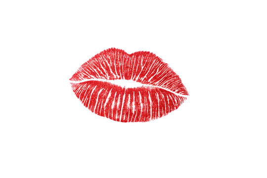 Red lipstick kiss mark print impression cosmetic makeup beauty feminine romantic love symbol classic textured lips, isolated on a transparent background
