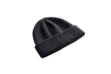 Black ribbed wool beanie hat with cuff, classic winter headwear style, isolated on a transparent background