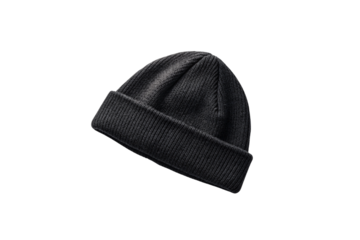 Dark charcoal ribbed knit beanie hat with folded cuff, winter accessory, isolated on a transparent background