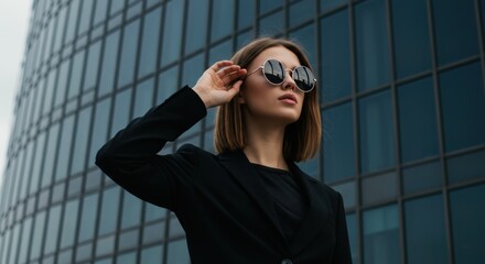 A confident stylish woman poses in sunglasses in front of a modern glass building in the urban environment
