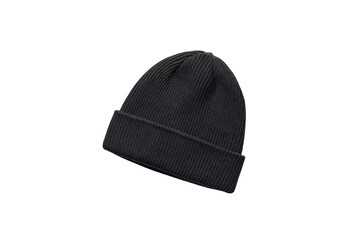 Dark charcoal ribbed beanie hat with folded brim, minimalist winter wear, isolated on a transparent background