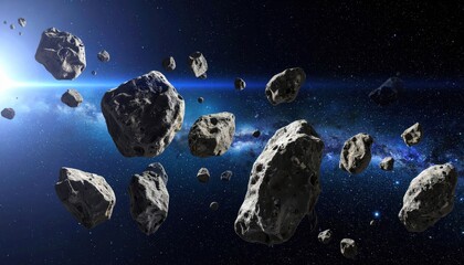 An asteroid field floats through a starry nebula and a distant sun