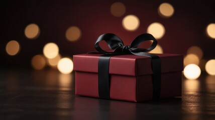A red gift box with a black ribbon sits on a dark surface, with blurred bokeh lights in the background.